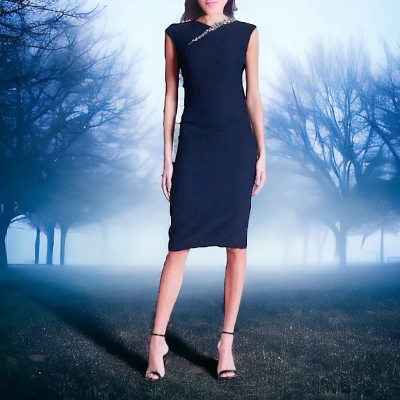 $159 London Dress Embellished Neck Bodycon Sheath 10 Large Black Jewel Shoulder - Picture 3 of 16